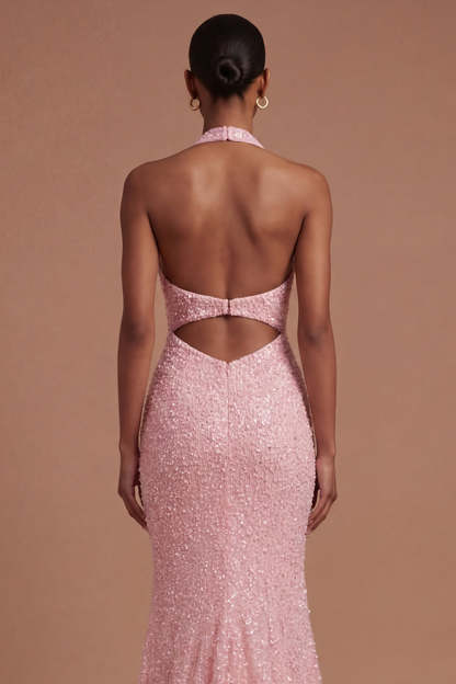 Pink Halter Neck Beaded Mermaid Long Prom Dress with Slit