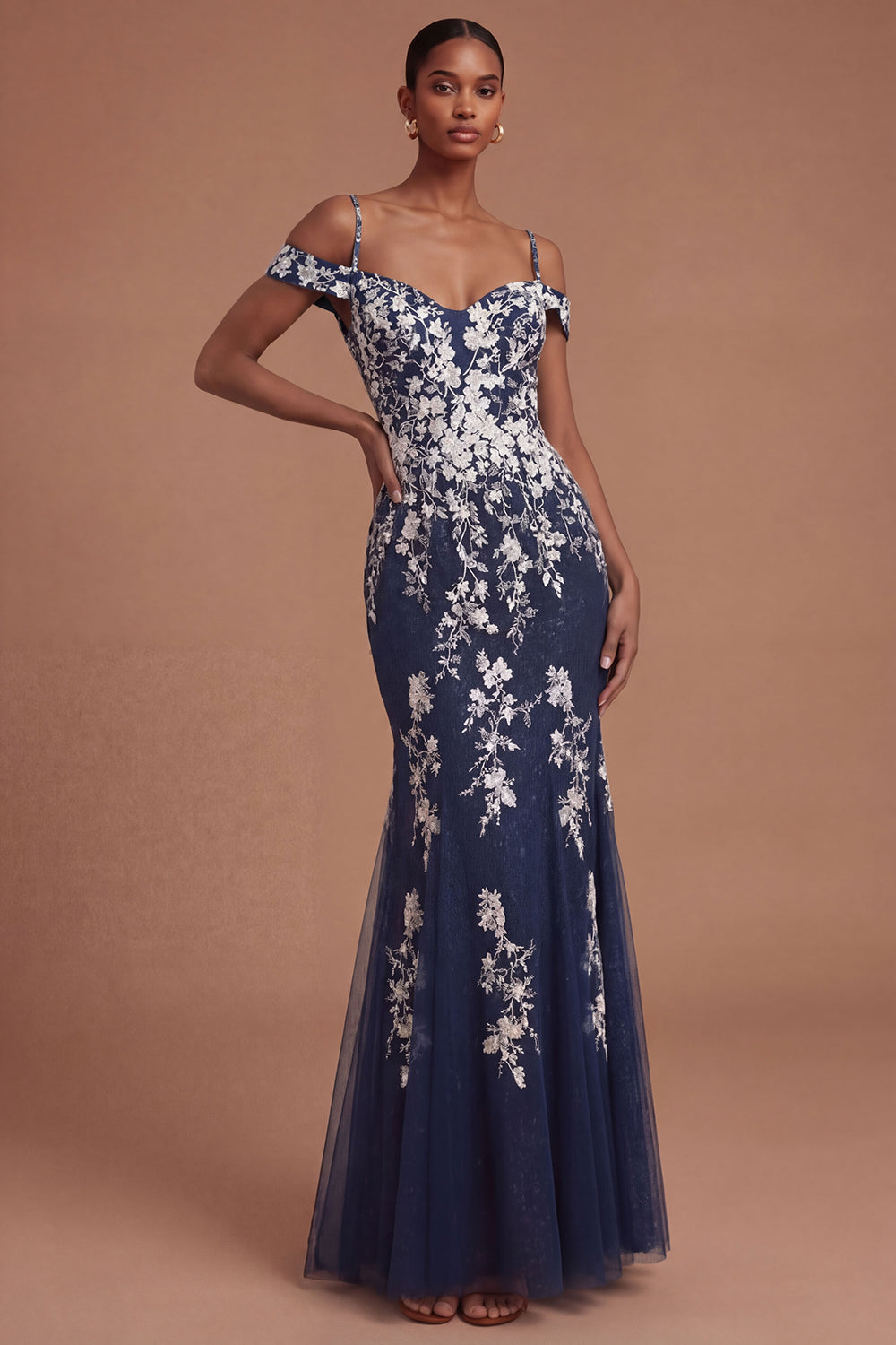 Floral Cold Shoulder Sheath Backless Long Prom Dress
