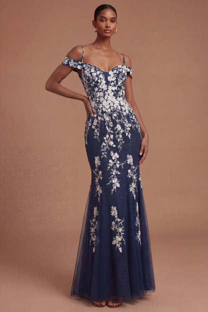 Leely Women Floral Sheath Backless Long Prom Dress Sleeveless Cold Shoulder Wedding Guest Dress