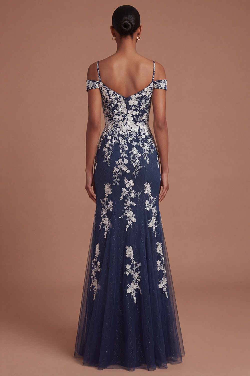 Floral Cold Shoulder Sheath Backless Long Prom Dress