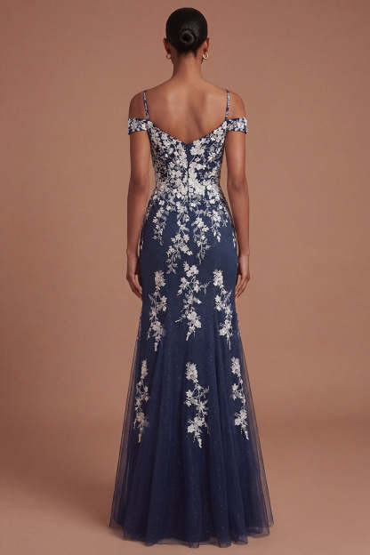 Floral Cold Shoulder Sheath Backless Long Prom Dress