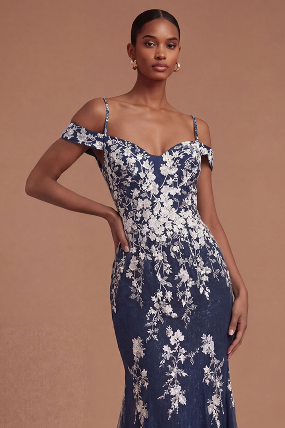 Floral Cold Shoulder Sheath Backless Long Prom Dress