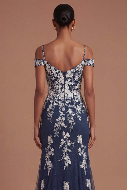 Floral Cold Shoulder Sheath Backless Long Prom Dress