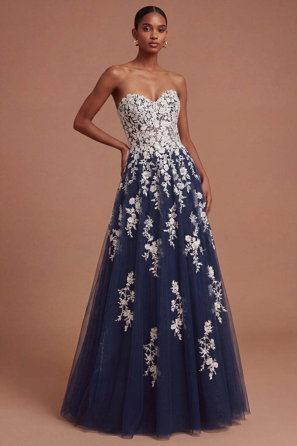 Leely Women Navy Sweetheart A Line Floral Long Prom Dress Appliqued Backless Sleeveless Wedding Guest Dress