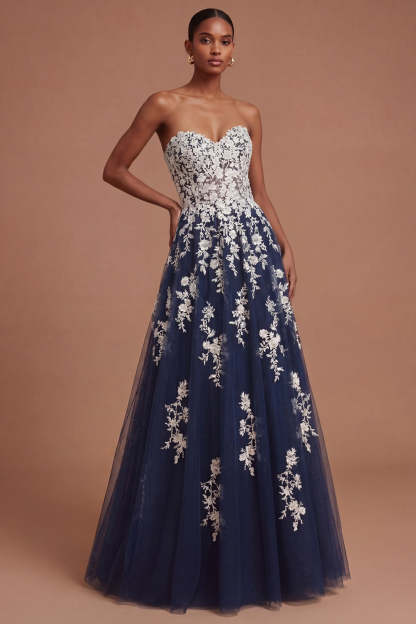 Leely Women Navy Sweetheart A Line Floral Long Prom Dress Appliqued Backless Sleeveless Wedding Guest Dress