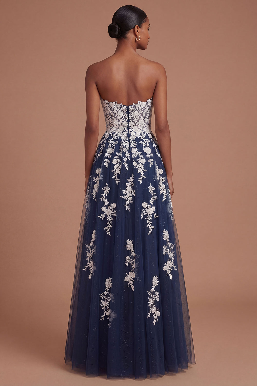 Navy Sweetheart A Line Appliqued Floral Long Prom Dress
