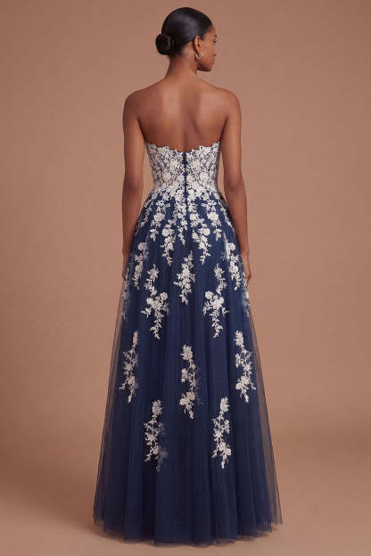 Navy Sweetheart A Line Appliqued Floral Long Prom Dress