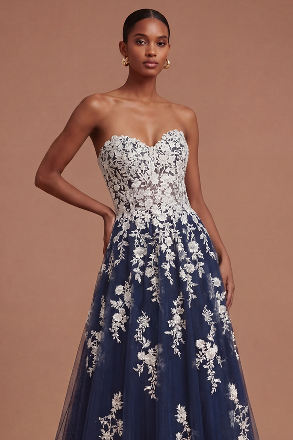 Navy Sweetheart A Line Appliqued Floral Long Prom Dress
