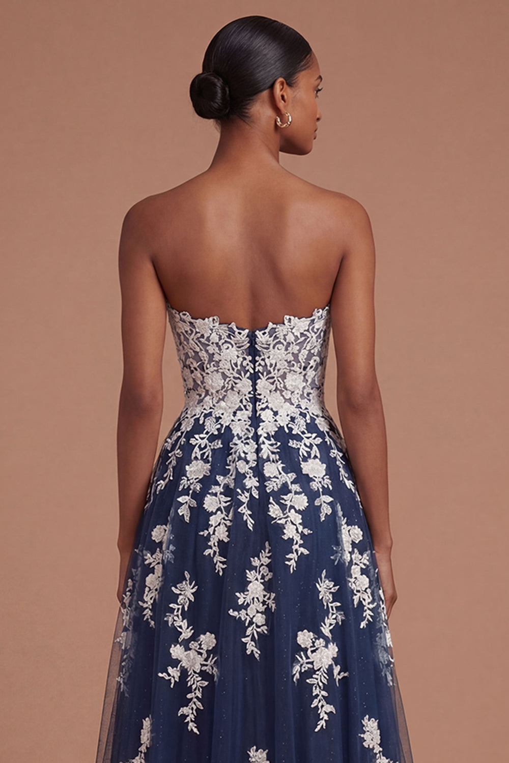 Navy Sweetheart A Line Appliqued Floral Long Prom Dress