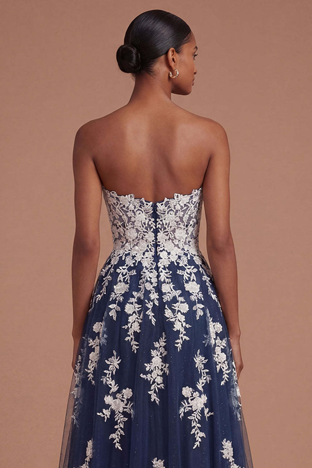 Navy Sweetheart A Line Appliqued Floral Long Prom Dress