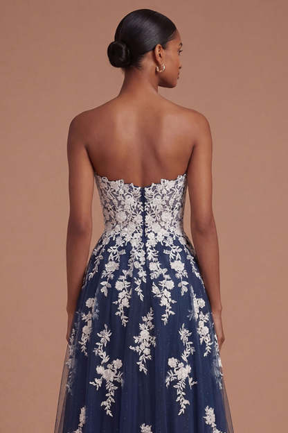Navy Sweetheart A Line Appliqued Floral Long Prom Dress