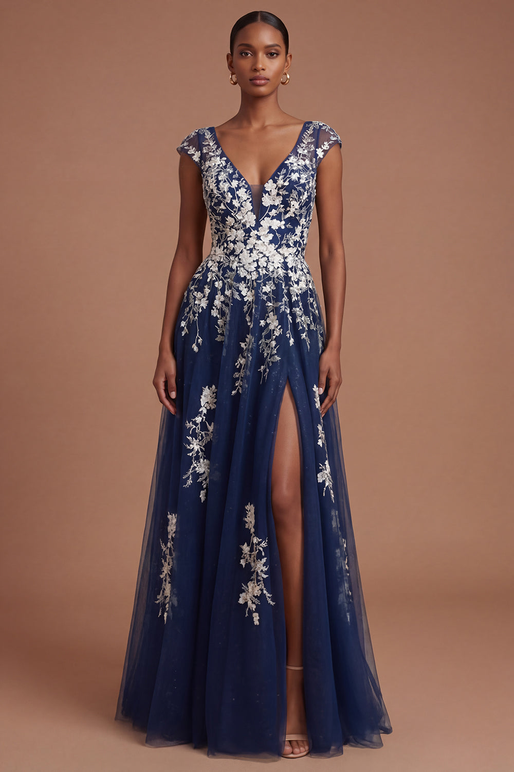 Leely Women Floral Navy Appliqued Long Prom Dress with Slit V Neck Sleeveless Backless Wedding Guest Dress