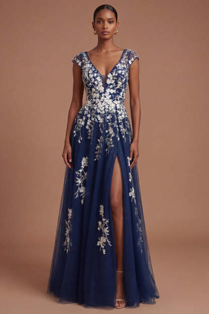 Leely Women Floral Navy Appliqued Long Prom Dress with Slit V Neck Sleeveless Backless Wedding Guest Dress