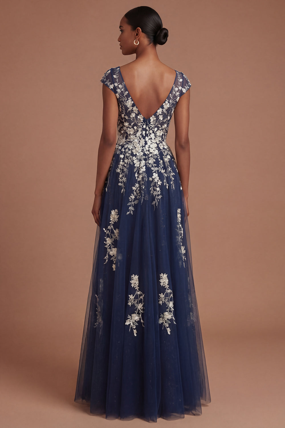 Floral Navy Appliqued V Neck Long Prom Dress with Slit