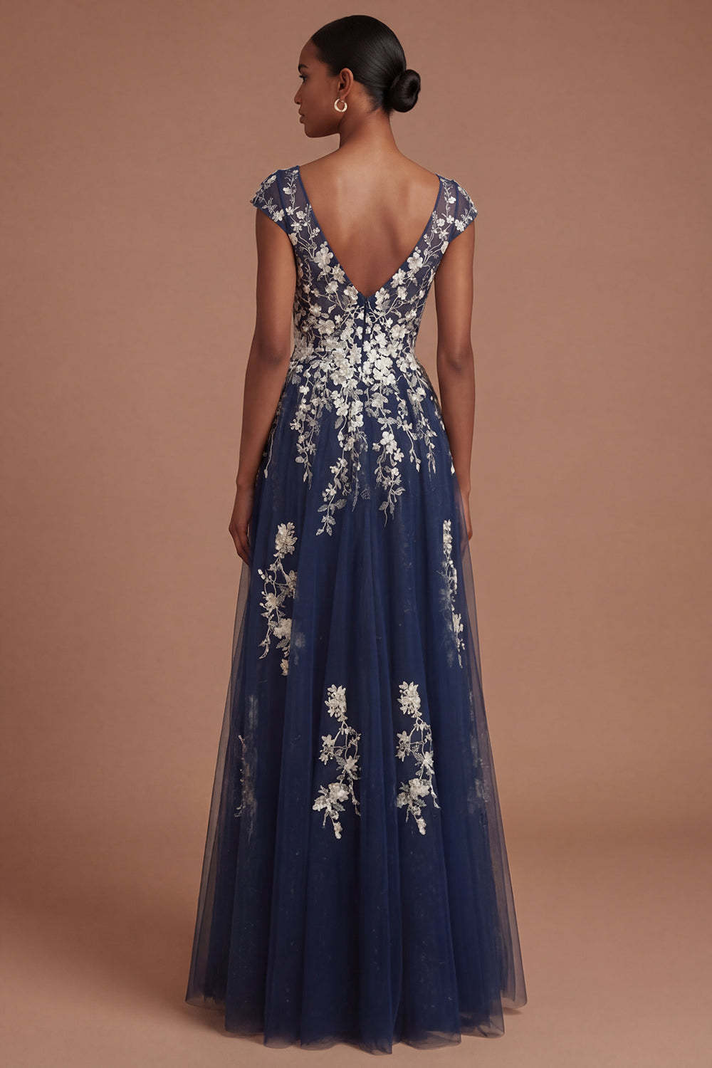 Floral Navy Appliqued V Neck Long Prom Dress with Slit
