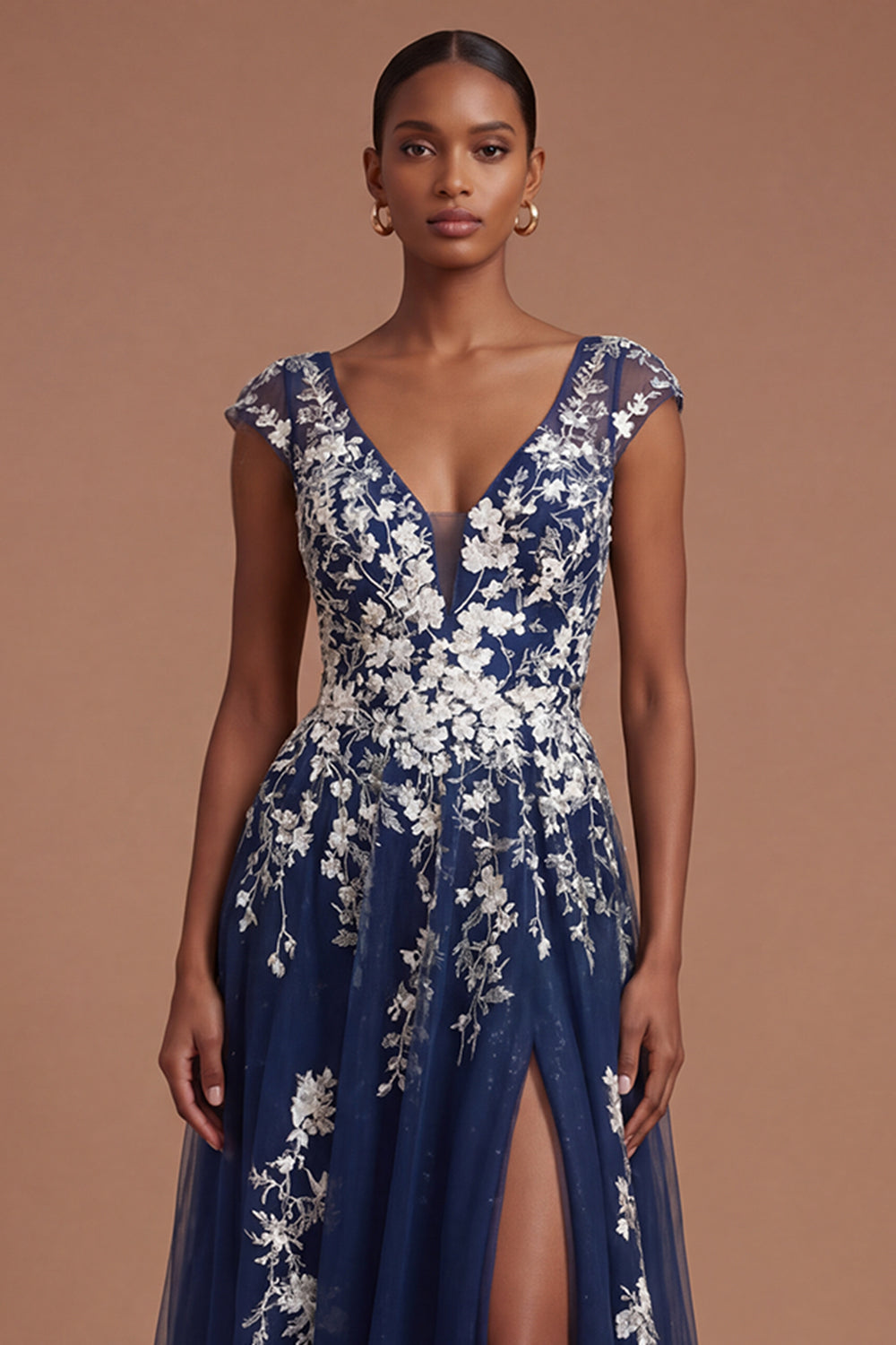 Floral Navy Appliqued V Neck Long Prom Dress with Slit