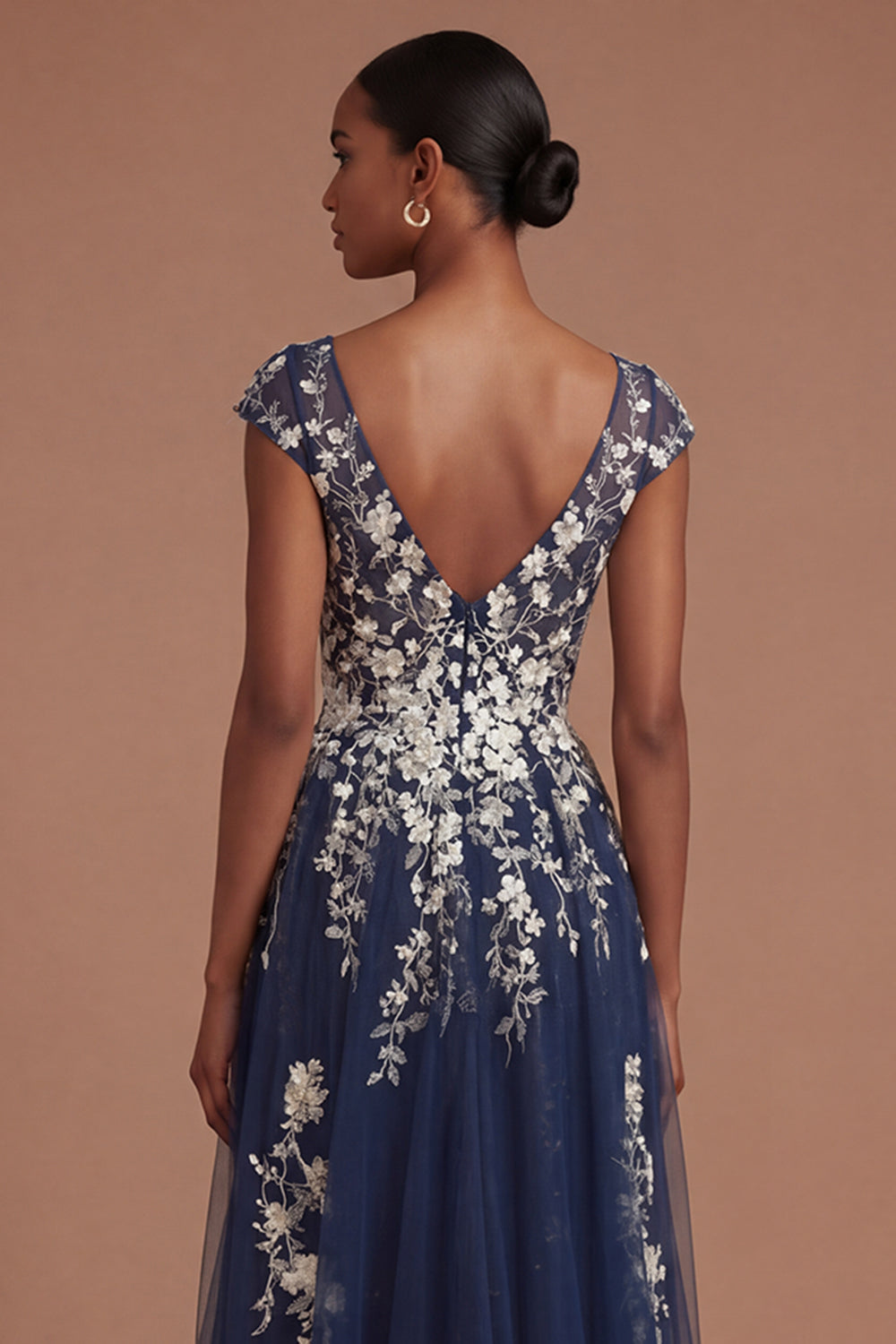 Floral Navy Appliqued V Neck Long Prom Dress with Slit