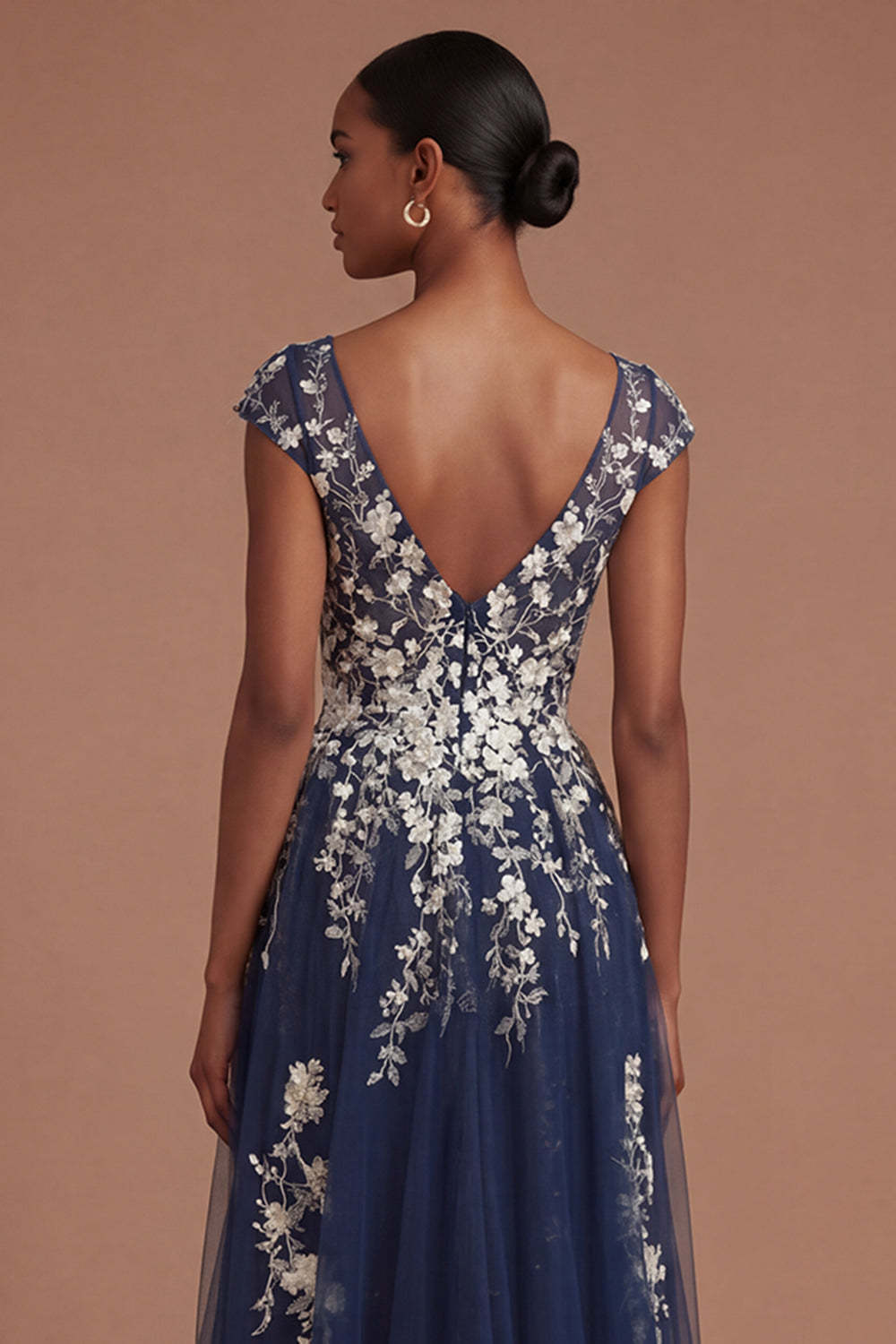 Floral Navy Appliqued V Neck Long Prom Dress with Slit