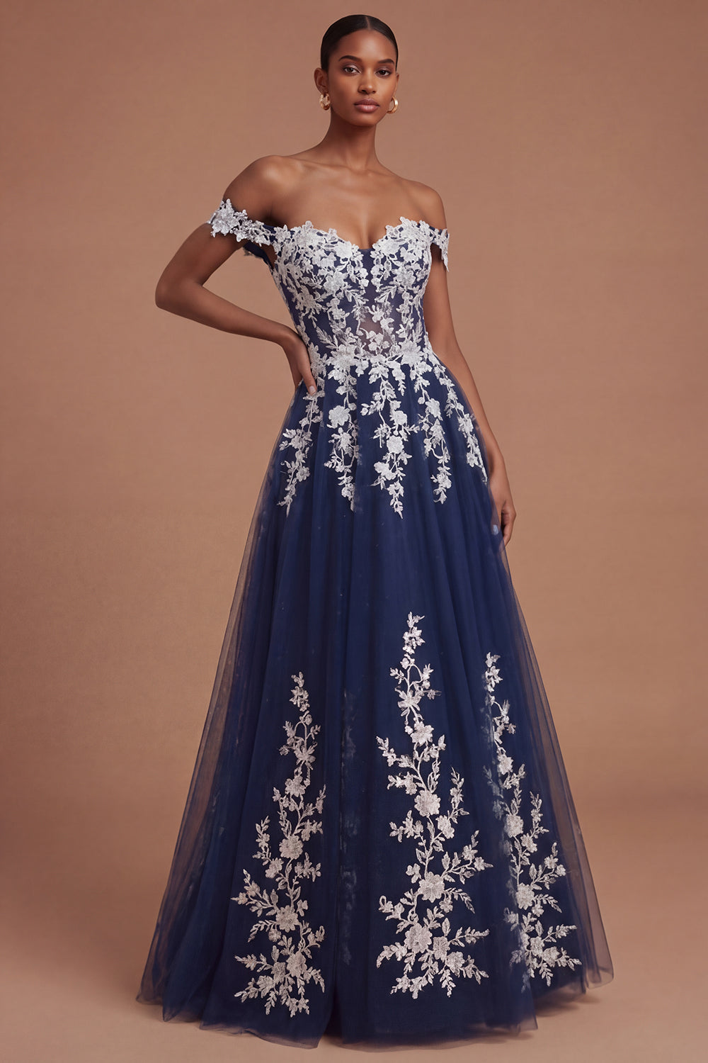 Floral Navy Off the Shoulder Appliqued A Line Long Prom Dress