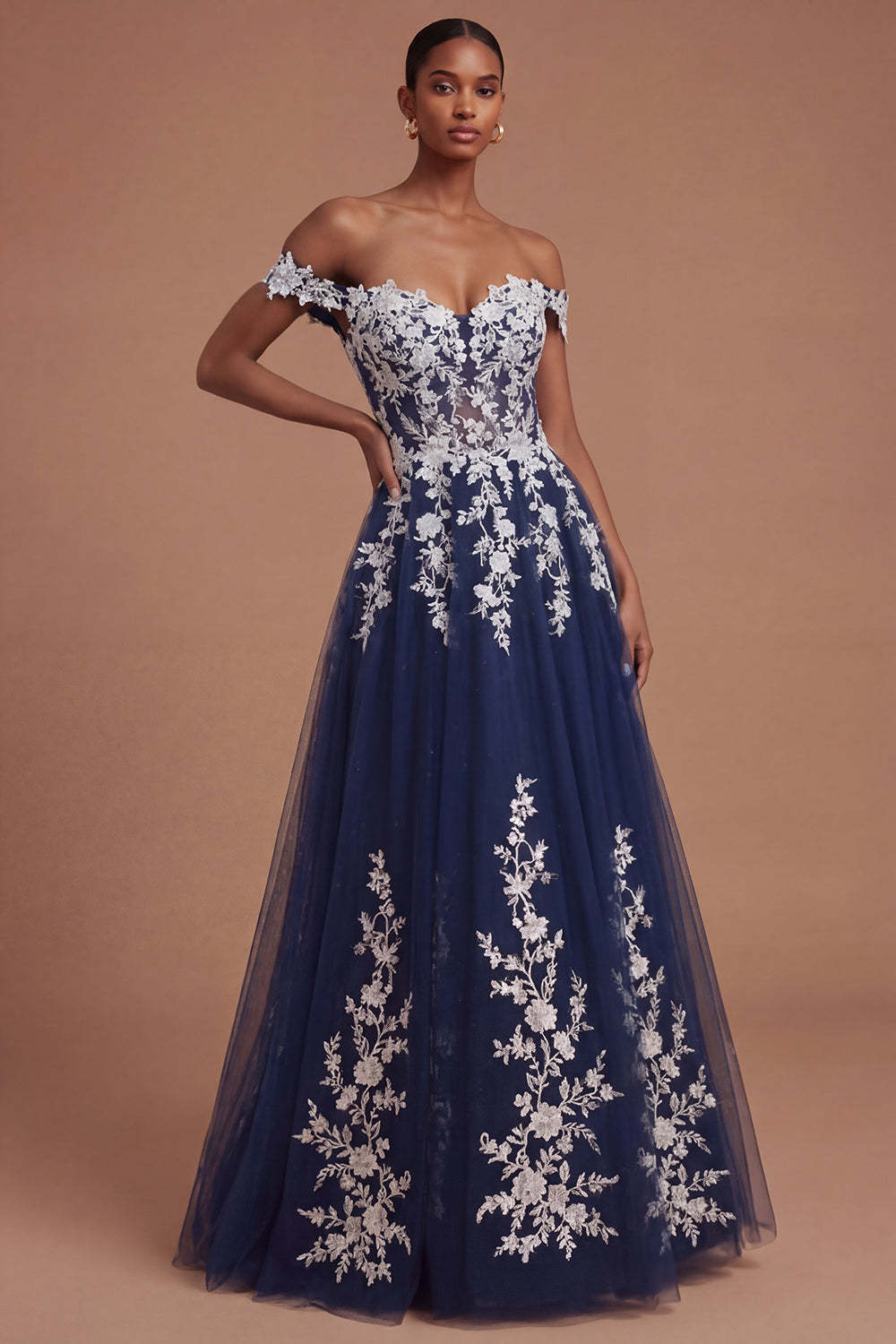 Leely Women Floral Navy Off the Shoulder Appliqued A Line Long Prom Dress Backless Sleeveless Wedding Guest Dress