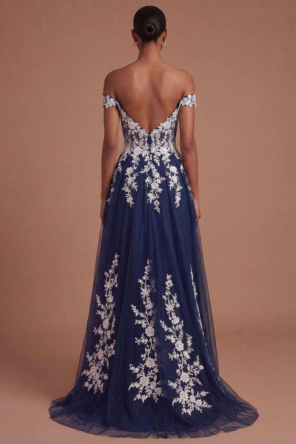 Floral Navy Off the Shoulder Appliqued A Line Long Prom Dress