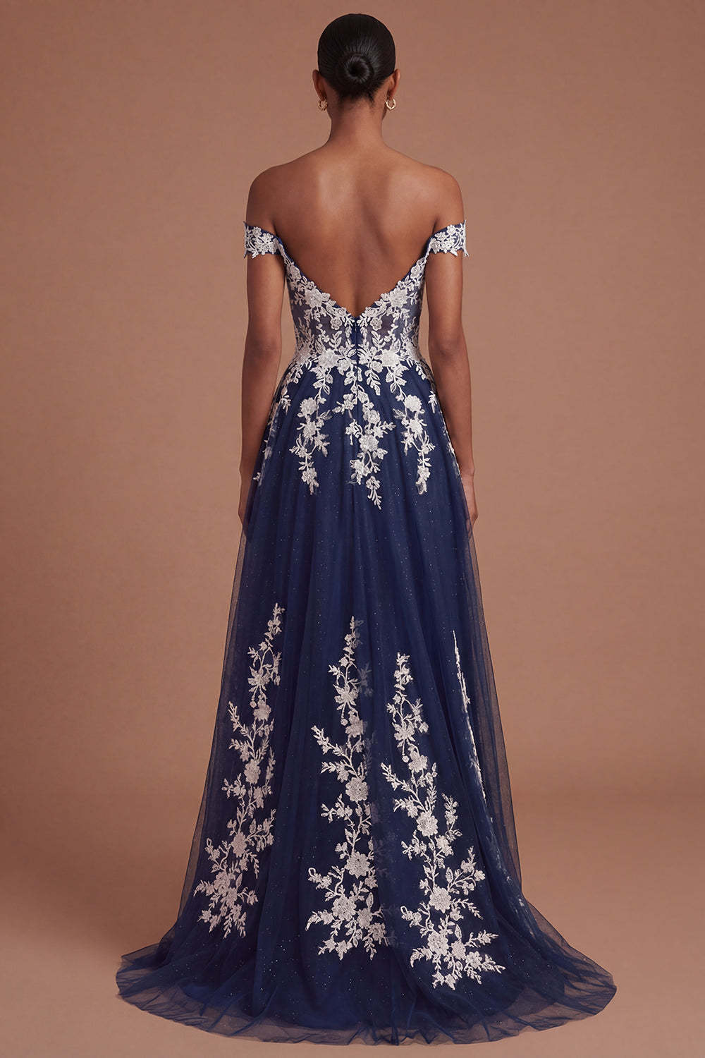 Floral Navy Off the Shoulder Appliqued A Line Long Prom Dress