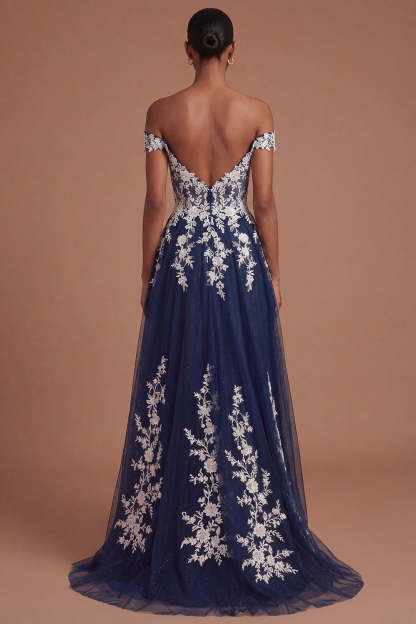 Floral Navy Off the Shoulder Appliqued A Line Long Prom Dress