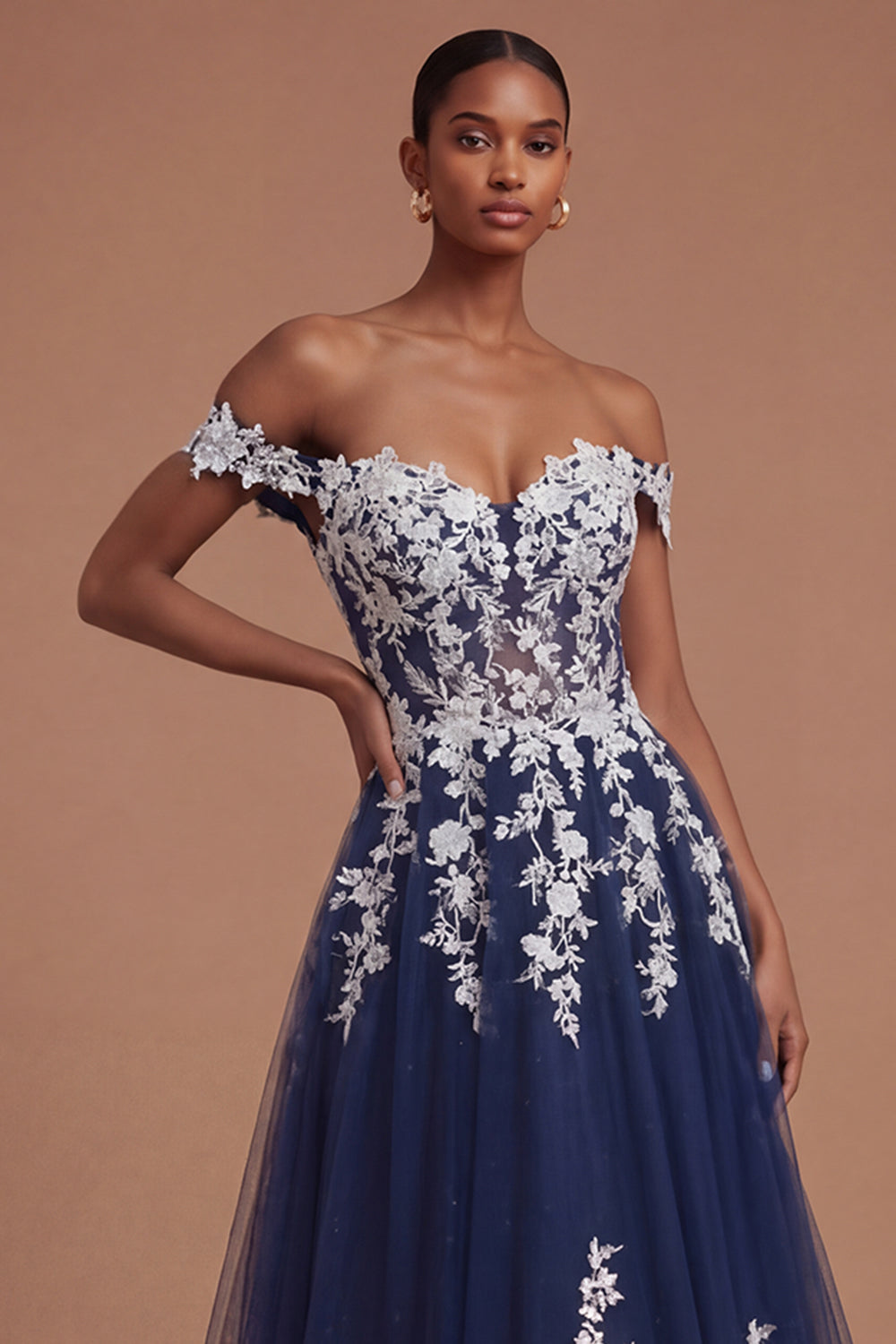 Floral Navy Off the Shoulder Appliqued A Line Long Prom Dress