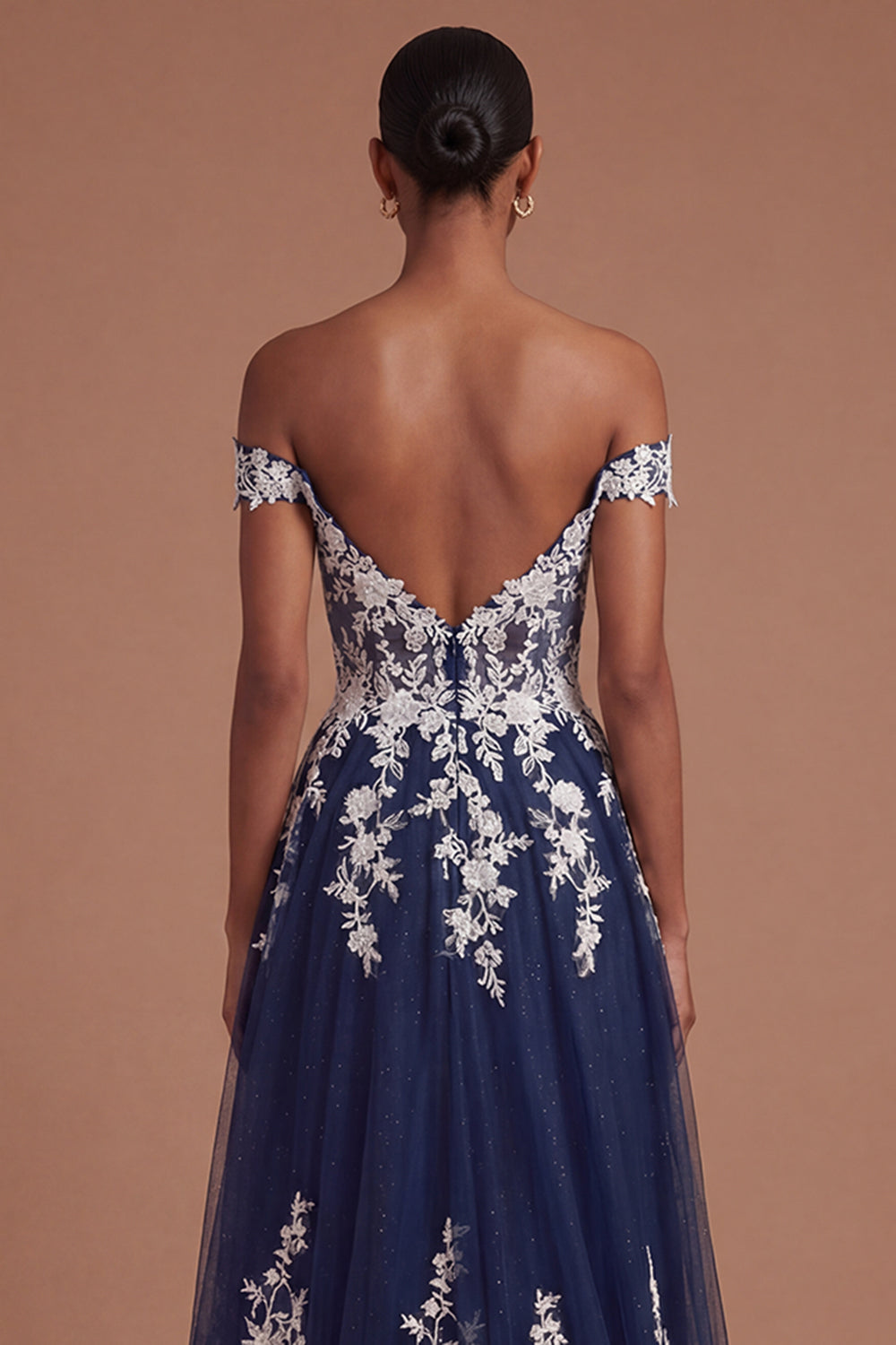 Floral Navy Off the Shoulder Appliqued A Line Long Prom Dress