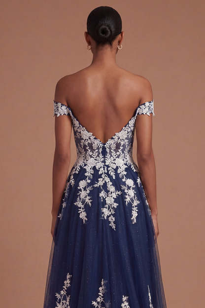 Floral Navy Off the Shoulder Appliqued A Line Long Prom Dress