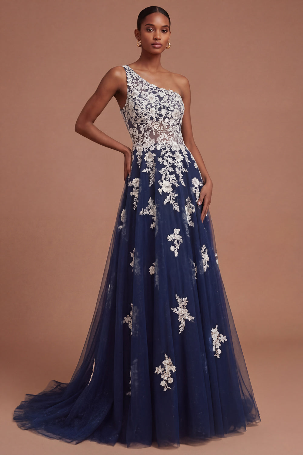 Floral Navy One Shoulder Appliqued A Line Long Prom Dress