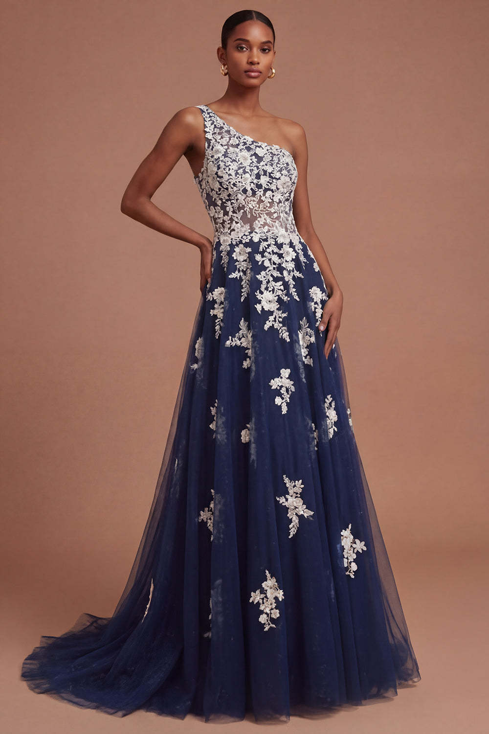 Leely Women Floral Navy One Shoulder Appliqued A Line Long Prom Dress Backless Sleeveless Evening Dress