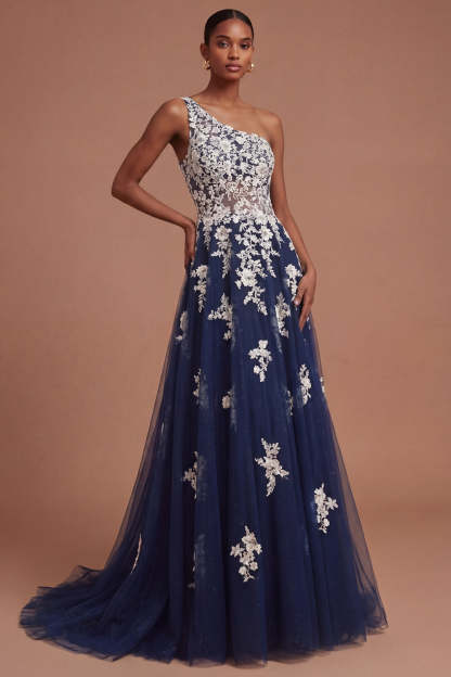Leely Women Floral Navy One Shoulder Appliqued A Line Long Prom Dress Backless Sleeveless Evening Dress