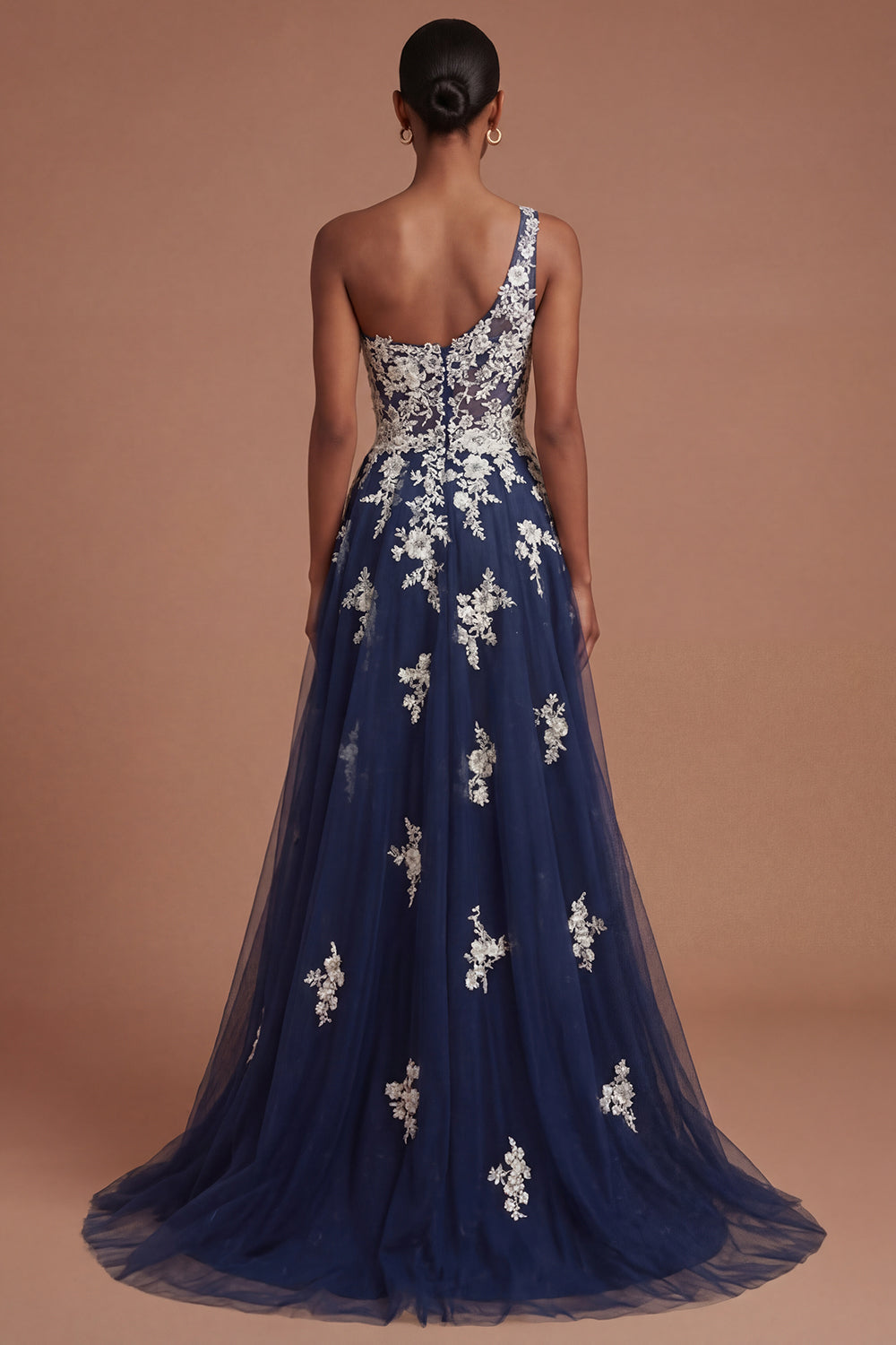 Floral Navy One Shoulder Appliqued A Line Long Prom Dress