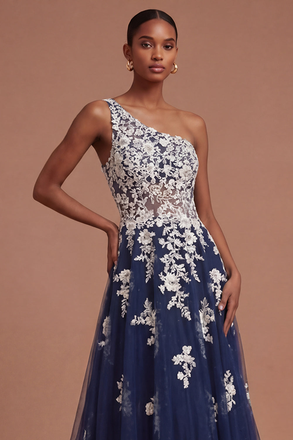 Floral Navy One Shoulder Appliqued A Line Long Prom Dress