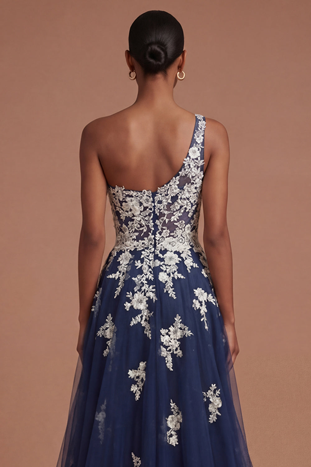 Floral Navy One Shoulder Appliqued A Line Long Prom Dress