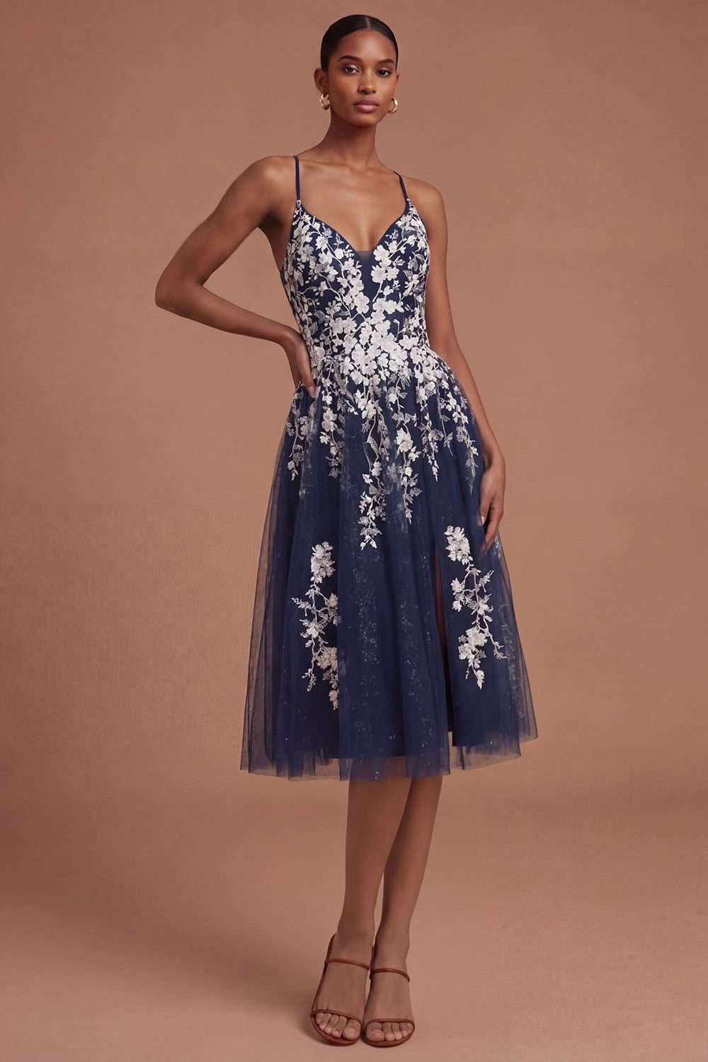 Leely Women Spaghetti Straps A Line Floral Appliqued Navy Midi Prom Dress Backless Sleeveless Wedding Guest Dress