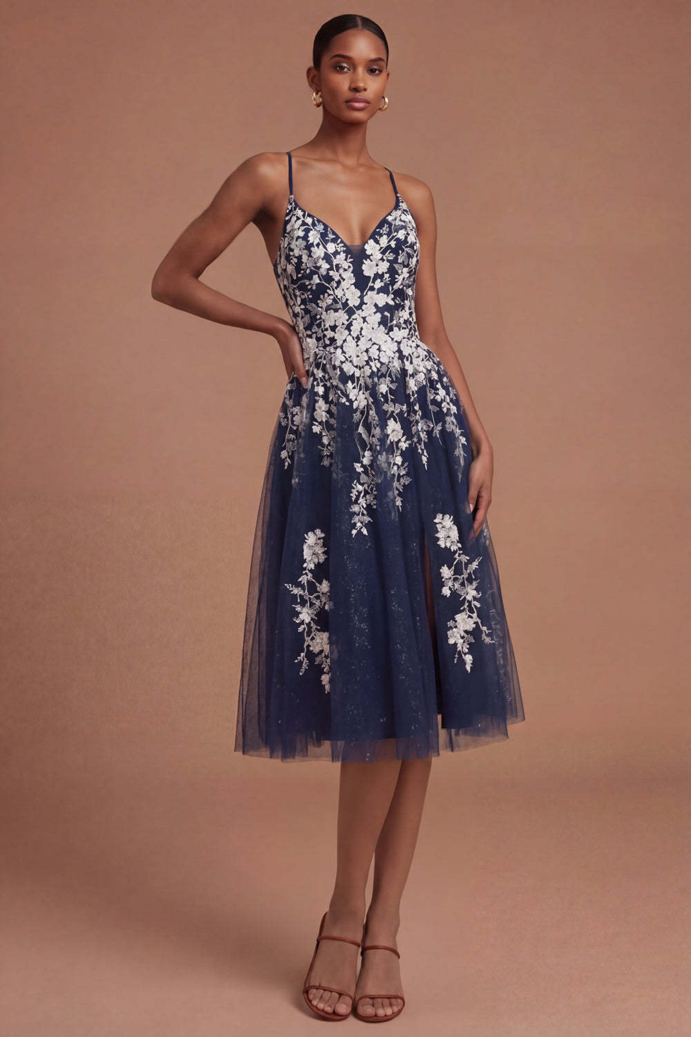 Leely Women Spaghetti Straps A Line Floral Appliqued Navy Midi Prom Dress Backless Sleeveless Wedding Guest Dress