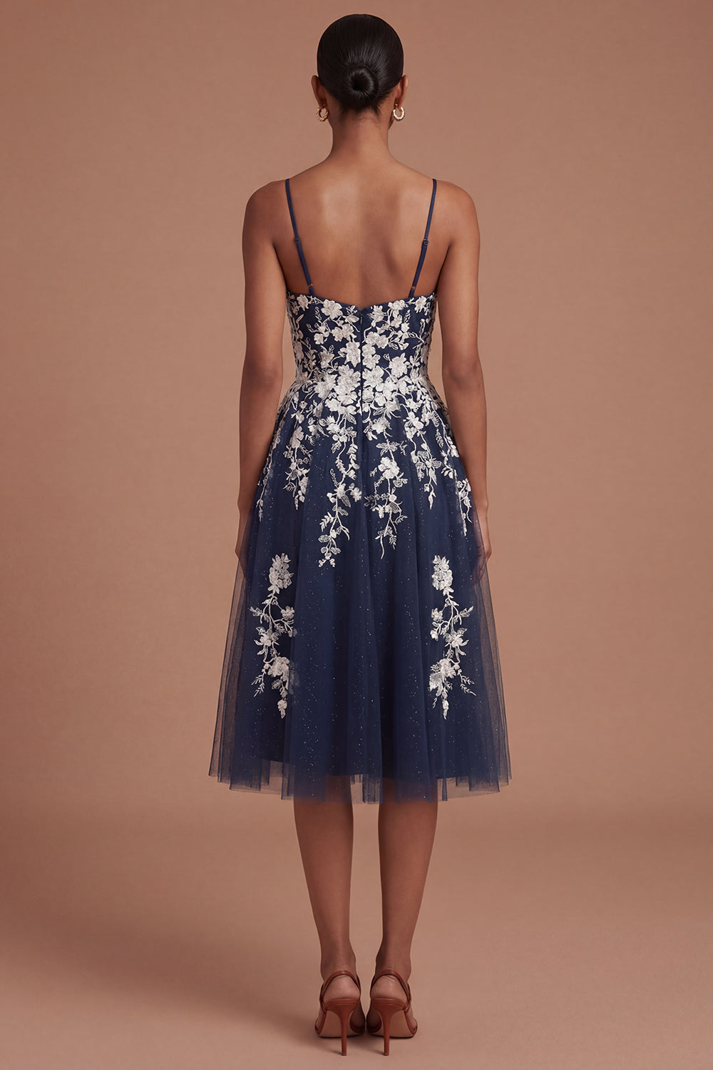 Spaghetti Straps A Line Floral Appliqued Navy Midi Prom Dress