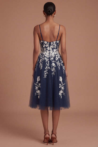 Spaghetti Straps A Line Floral Appliqued Navy Midi Prom Dress
