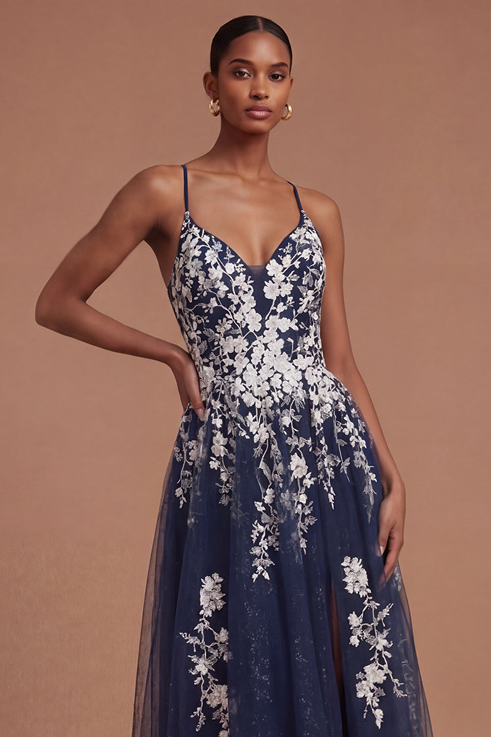 Spaghetti Straps A Line Floral Appliqued Navy Midi Prom Dress