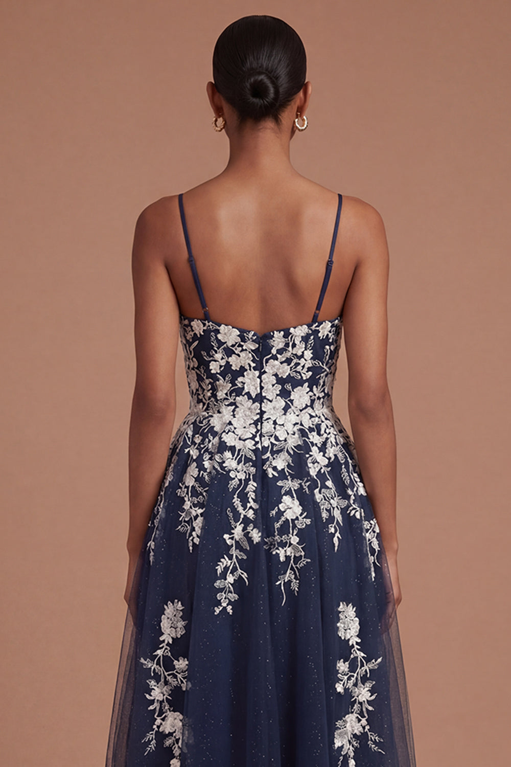 Spaghetti Straps A Line Floral Appliqued Navy Midi Prom Dress