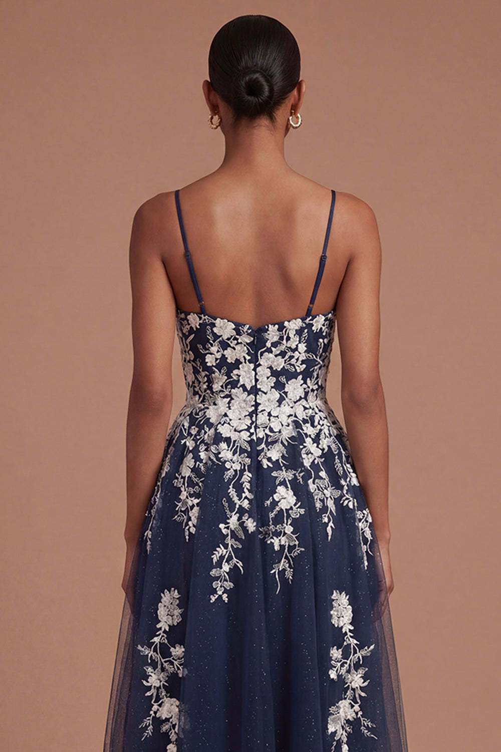 Spaghetti Straps A Line Floral Appliqued Navy Midi Prom Dress