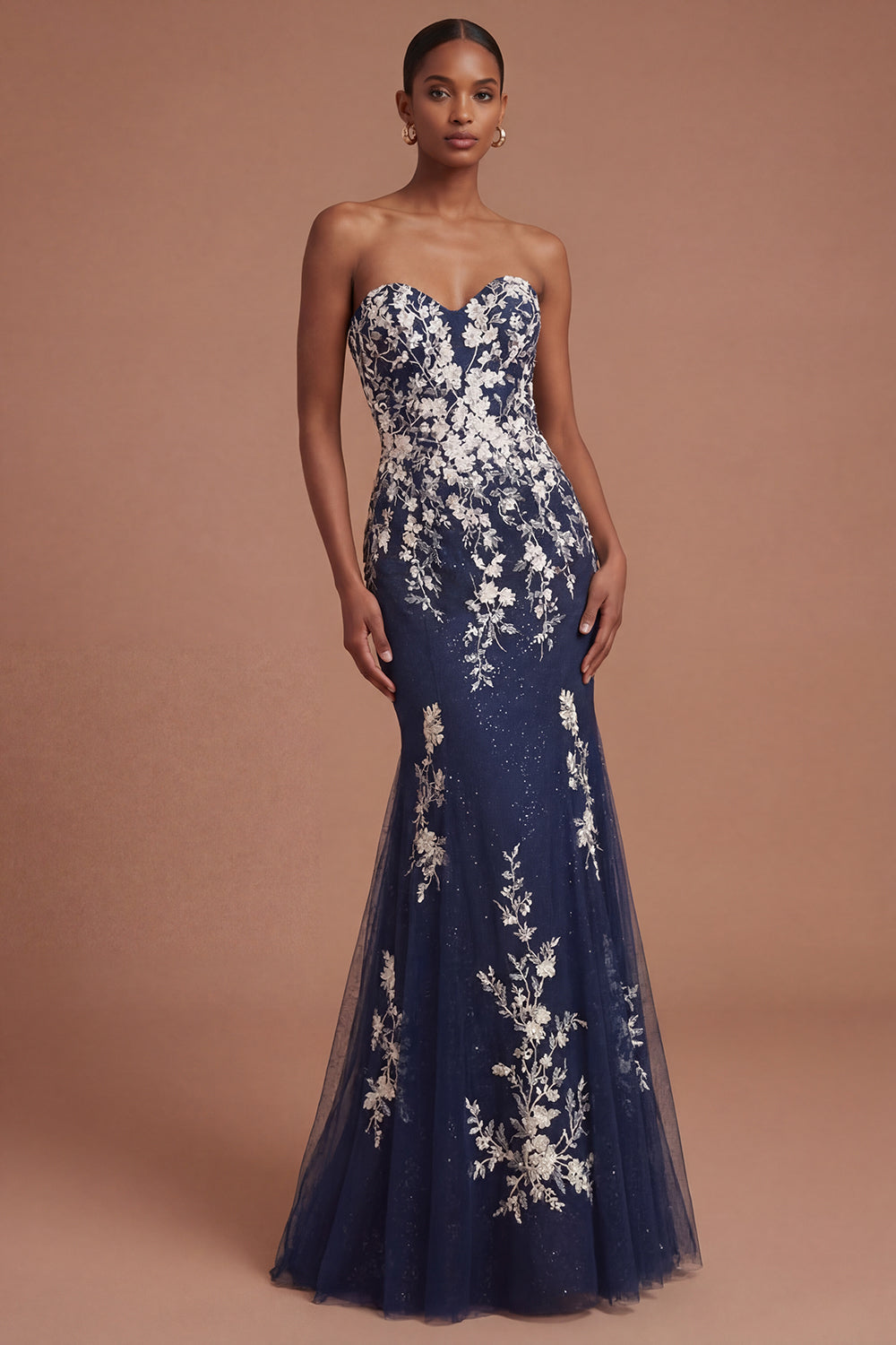 Sweetheart Mermaid Floral Appliqued Navy Long Prom Dress