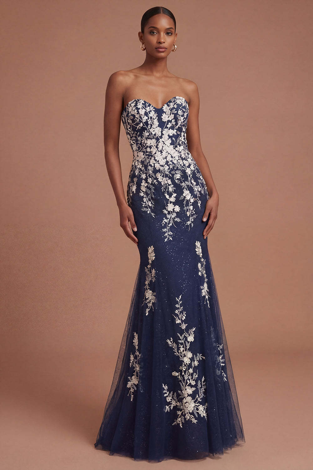 Leely Women Sweetheart Mermaid Floral Navy Long Prom Dress Appliqued Backless Sleeveless Evening Dress