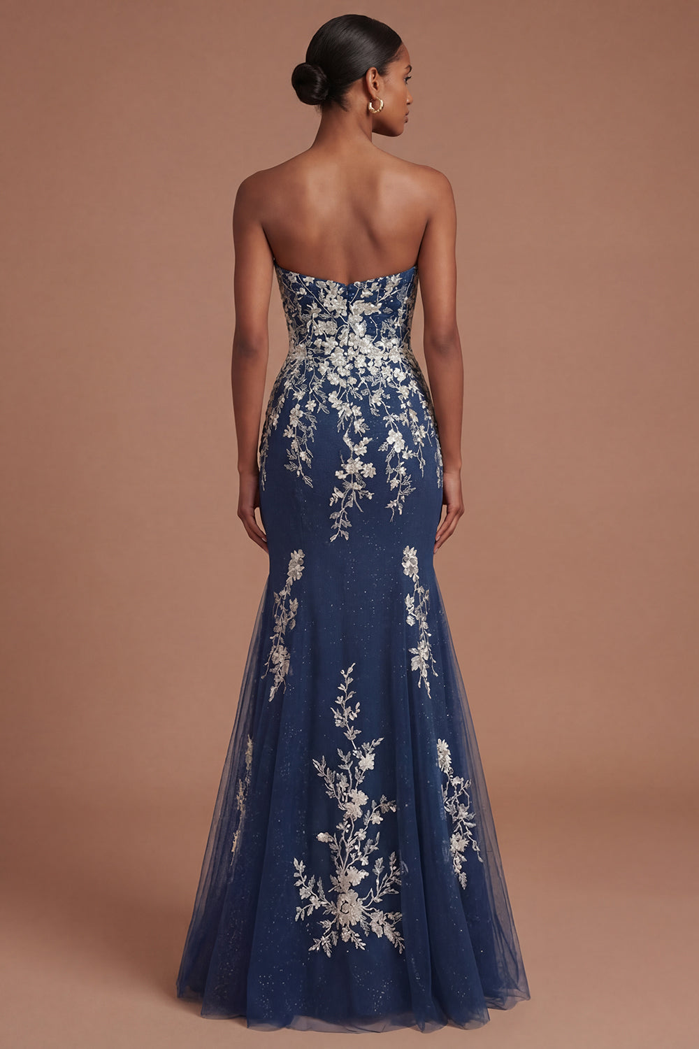 Sweetheart Mermaid Floral Appliqued Navy Long Prom Dress