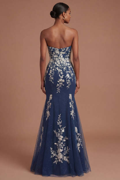 Sweetheart Mermaid Floral Appliqued Navy Long Prom Dress