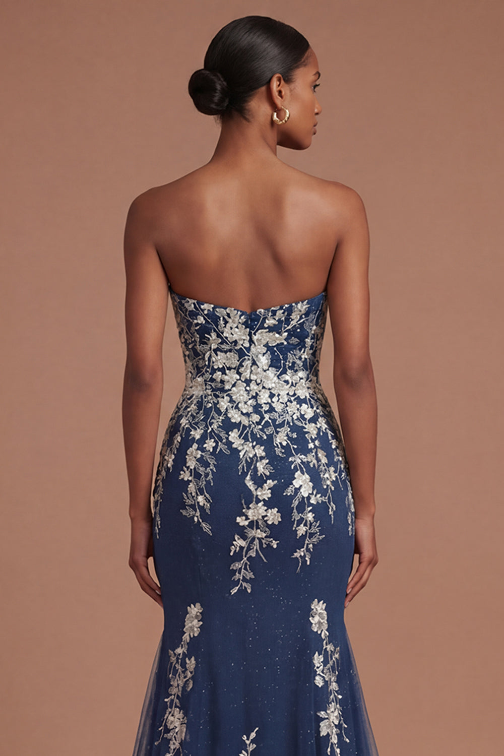 Sweetheart Mermaid Floral Appliqued Navy Long Prom Dress