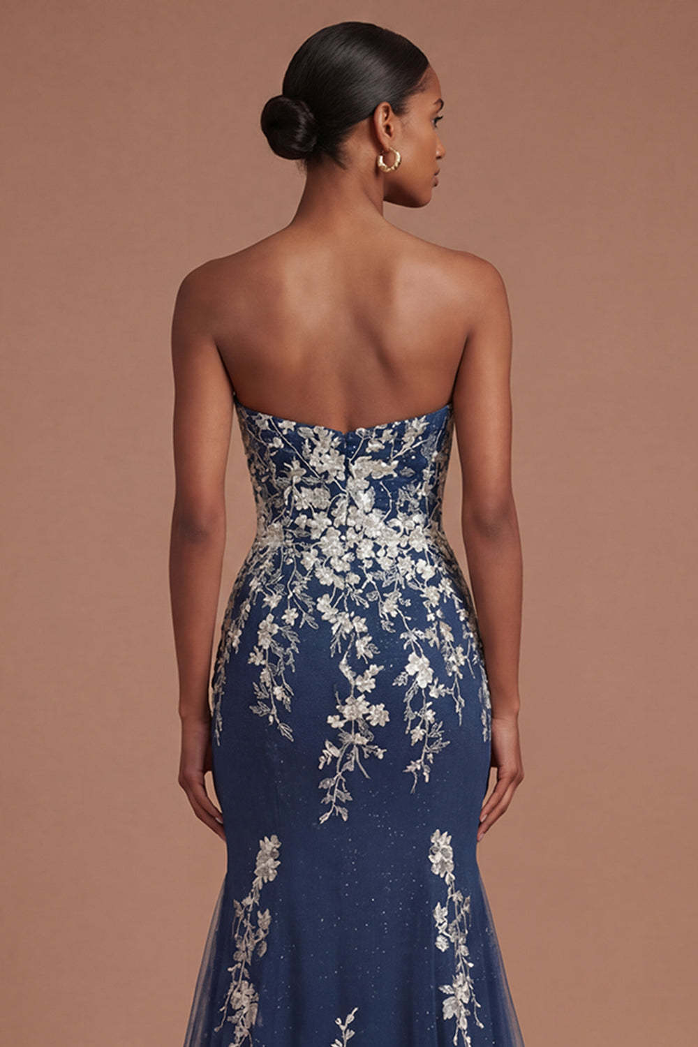 Sweetheart Mermaid Floral Appliqued Navy Long Prom Dress