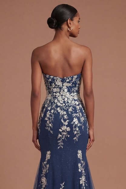 Sweetheart Mermaid Floral Appliqued Navy Long Prom Dress